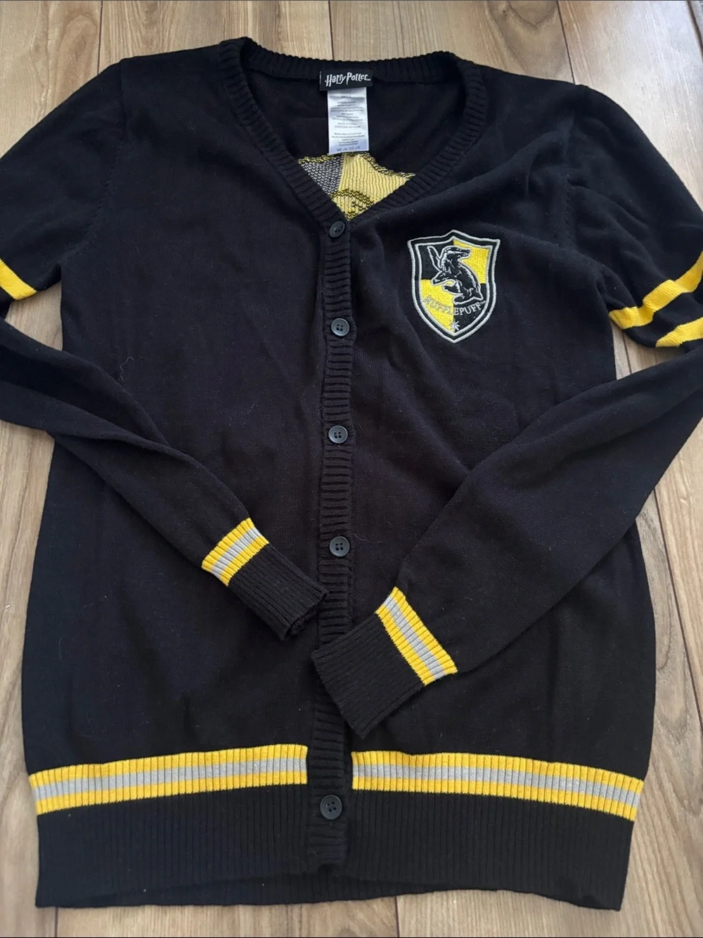 Hogwarts Hufflepuff House Cardigan Sweater Harry Potter Yellow Black Button Sz S